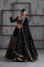 Load image into Gallery viewer, Black embroidered blouse, brocade lehenga and dupatta
