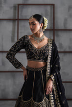 Load image into Gallery viewer, Black embroidered blouse, brocade lehenga and dupatta
