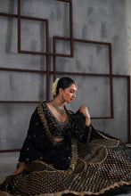 Load image into Gallery viewer, Black embroidered blouse, brocade lehenga and dupatta
