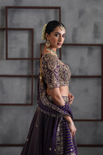 Load image into Gallery viewer, Purple tissue embroidered blouse, lehenga and dupatta
