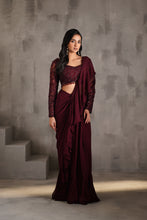 Load image into Gallery viewer, Wine embroidered blouse and draped ruffle saree
