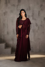 Load image into Gallery viewer, Wine embroidered blouse and draped ruffle saree
