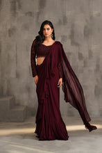 Load image into Gallery viewer, Wine embroidered blouse and draped ruffle saree
