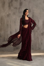Load image into Gallery viewer, Wine embroidered blouse and draped ruffle saree
