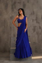Load image into Gallery viewer, Royal blue embroidered blouse and drape saree

