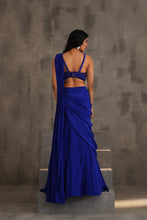 Load image into Gallery viewer, Royal blue embroidered blouse and drape saree
