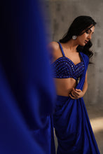 Load image into Gallery viewer, Royal blue embroidered blouse and drape saree
