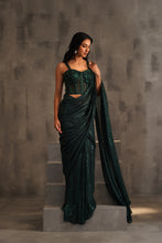 Load image into Gallery viewer, Bottle green embroidered corset and drape saree
