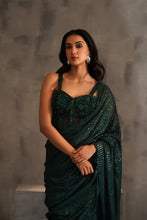 Load image into Gallery viewer, Bottle green embroidered corset and drape saree
