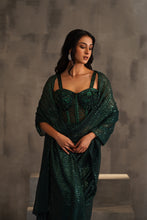 Load image into Gallery viewer, Bottle green embroidered corset and drape saree
