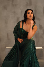 Load image into Gallery viewer, Bottle green embroidered corset and drape saree
