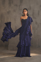 Load image into Gallery viewer, Navy blue embroidered bustier and drape saree
