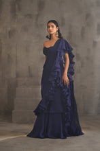 Load image into Gallery viewer, Navy blue embroidered bustier and drape saree

