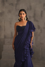 Load image into Gallery viewer, Navy blue embroidered bustier and drape saree
