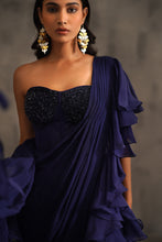 Load image into Gallery viewer, Navy blue embroidered bustier and drape saree
