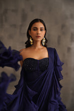 Load image into Gallery viewer, Navy blue embroidered bustier and drape saree
