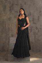 Load image into Gallery viewer, Black embroidered corset and drape saree
