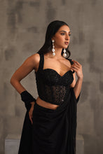 Load image into Gallery viewer, Black embroidered corset and drape saree
