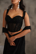 Load image into Gallery viewer, Black embroidered corset and drape saree
