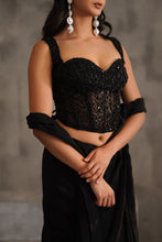 Load image into Gallery viewer, Black embroidered corset and drape saree
