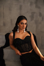 Load image into Gallery viewer, Black embroidered corset and drape saree
