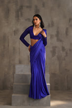 Load image into Gallery viewer, Royal blue embroidered blouse and drape lycra saree
