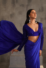 Load image into Gallery viewer, Royal blue embroidered blouse and drape lycra saree
