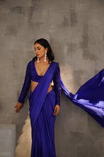 Load image into Gallery viewer, Royal blue embroidered blouse and drape lycra saree
