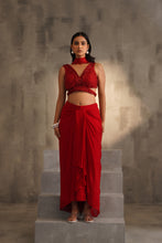 Load image into Gallery viewer, Red embroidered blouse and dhoti skirt, choker dupatta
