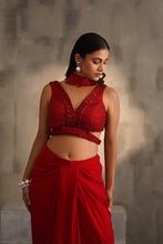 Load image into Gallery viewer, Red embroidered blouse and dhoti skirt, choker dupatta
