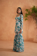Load image into Gallery viewer, Teal blue and white printed kurti, garara and dupatta
