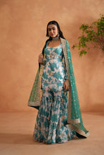 Load image into Gallery viewer, Teal blue and white printed kurti, garara and dupatta
