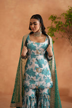 Load image into Gallery viewer, Teal blue and white printed kurti, garara and dupatta
