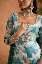 Load image into Gallery viewer, Teal blue and white printed kurti, garara and dupatta

