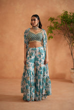 Load image into Gallery viewer, Teal blue mirror blouse, printed garara and cape
