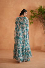 Load image into Gallery viewer, Teal blue mirror blouse, printed garara and cape
