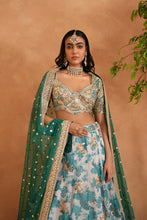 Load image into Gallery viewer, Teal blue mirror embroidery blouse, printed lehanga and dupatta
