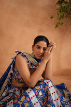 Load image into Gallery viewer, Blue printed and embroidered blouse, lehenga and dupatta
