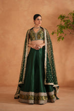 Load image into Gallery viewer, Bottle green brocade blouse, lehenga and dupatta
