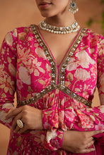 Load image into Gallery viewer, Fuchsia embroidered peplum kurti, garara and dupatta
