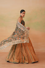 Load image into Gallery viewer, Olive green printed blouse, tie and dye lehenga and printed dupatta
