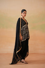 Load image into Gallery viewer, Black embroidery fabric Peplum kurti, Dhoti salwar and dupatta
