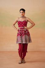 Load image into Gallery viewer, Maroon embroidery fabric peplum kurti, tulip salwar and choker dupatta
