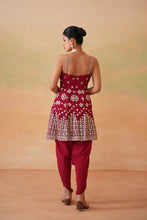 Load image into Gallery viewer, Maroon embroidery fabric peplum kurti, tulip salwar and choker dupatta
