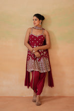 Load image into Gallery viewer, Maroon embroidery fabric peplum kurti, tulip salwar and choker dupatta
