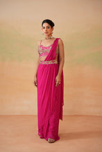Load image into Gallery viewer, Fuchsia embroidered blouse, drape saree and belt

