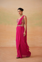 Load image into Gallery viewer, Fuchsia embroidered blouse, drape saree and belt
