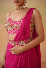 Load image into Gallery viewer, Fuchsia embroidered blouse, drape saree and belt
