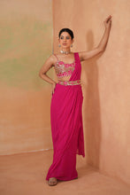 Load image into Gallery viewer, Fuchsia embroidered blouse, drape saree and belt
