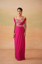 Load image into Gallery viewer, Fuchsia embroidered blouse, drape saree and belt
